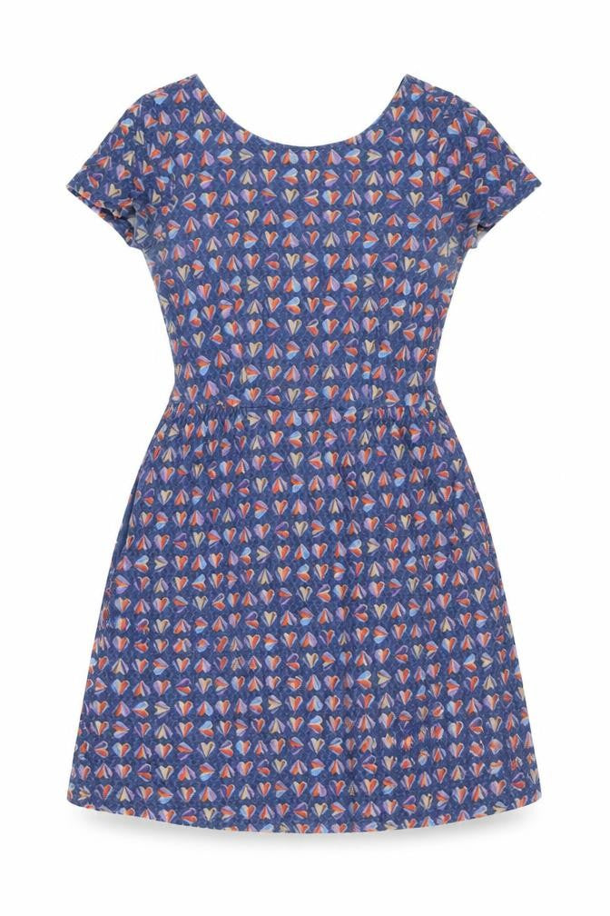 Front view of Next women’s blue geometric cotton fit & flare, size UK 8, boat neck pullover