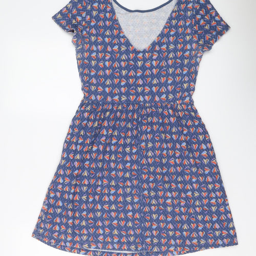 NEXT Womens Blue Geometric Cotton Fit & Flare Size 8 Boat Neck Pullover