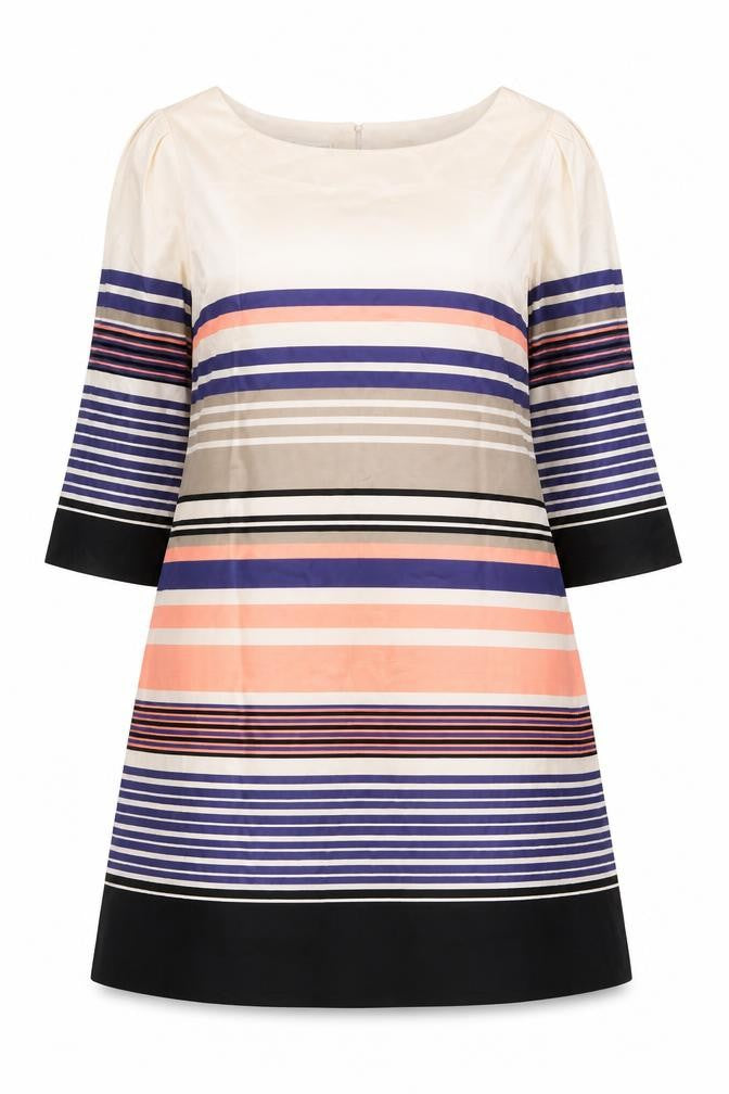 Front view of Monsoon women’s multicoloured striped viscose a-line, size UK 12, boat neck button