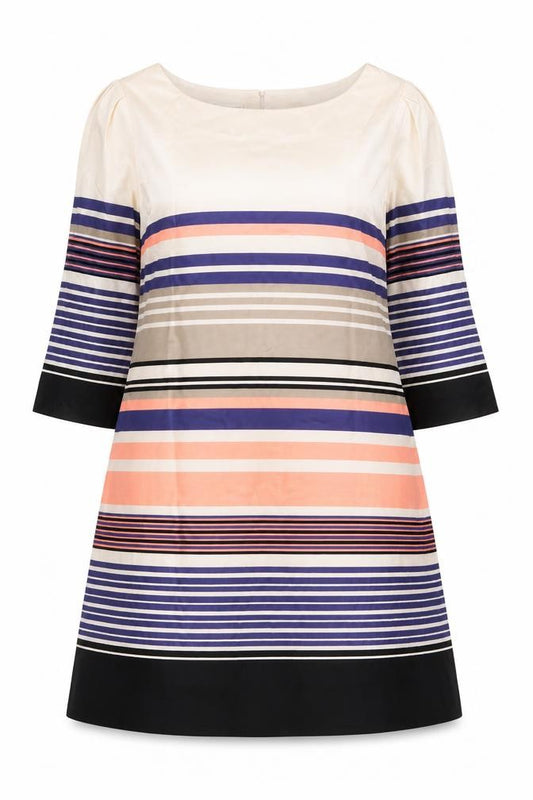 Front view of Monsoon women’s multicoloured striped viscose a-line, size UK 12, boat neck button