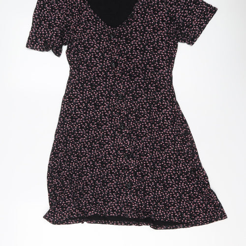 Cameo Rose Womens Black Floral Viscose Mini Size 8 V-Neck Button
