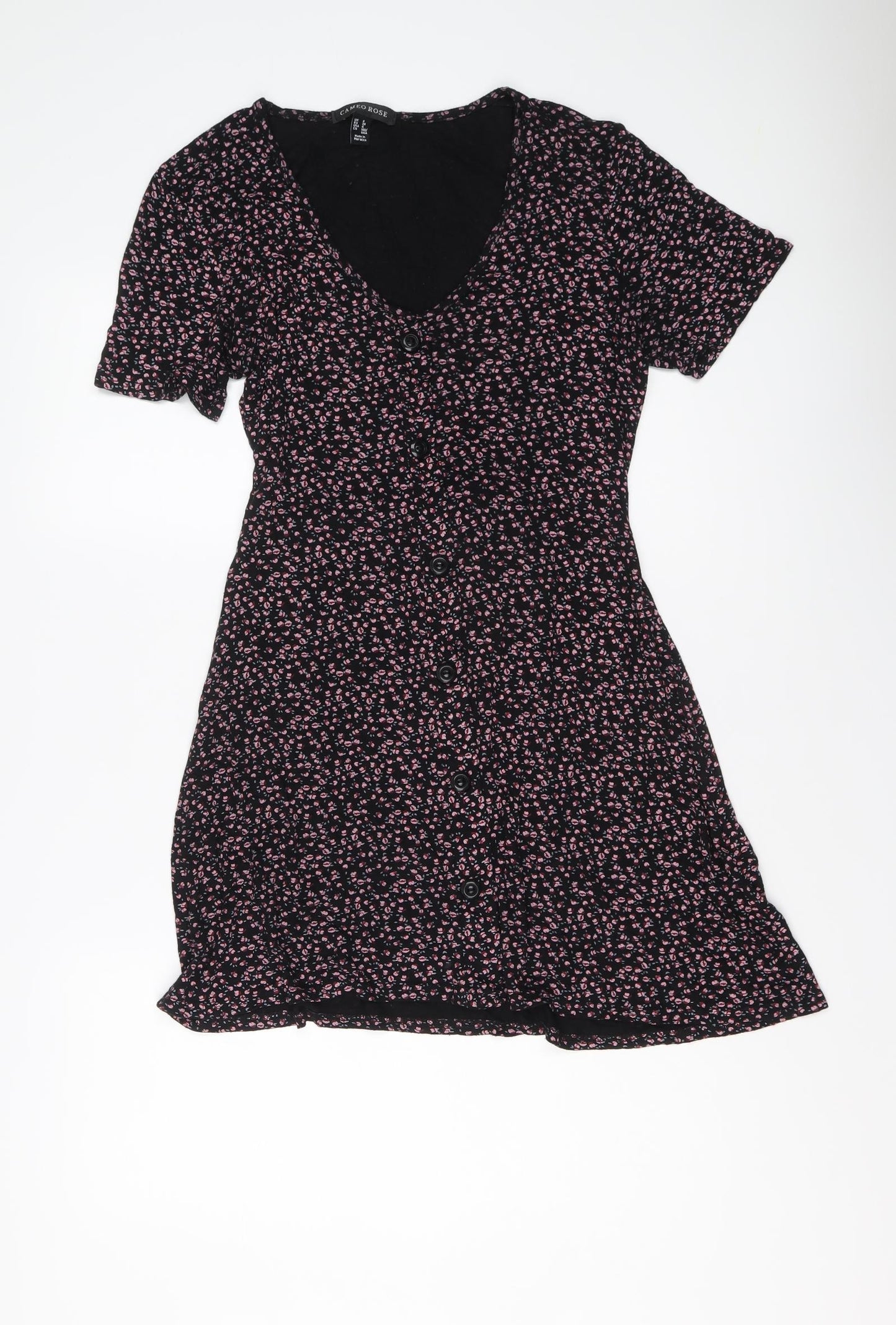 Cameo Rose Womens Black Floral Viscose Mini Size 8 V-Neck Button