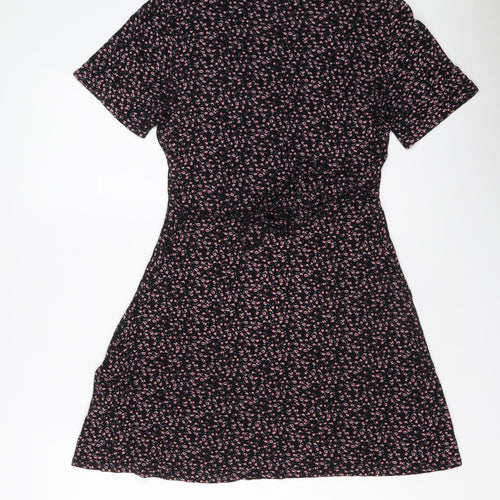 Cameo Rose Womens Black Floral Viscose Mini Size 8 V-Neck Button