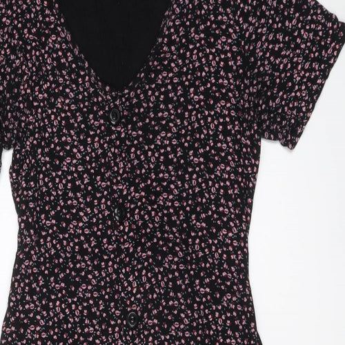 Cameo Rose Womens Black Floral Viscose Mini Size 8 V-Neck Button