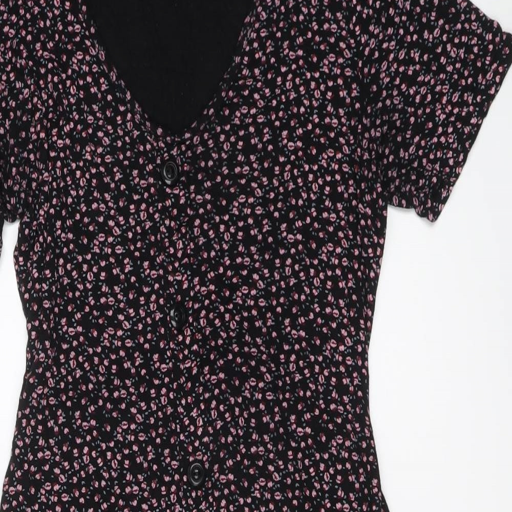 Cameo Rose Womens Black Floral Viscose Mini Size 8 V-Neck Button