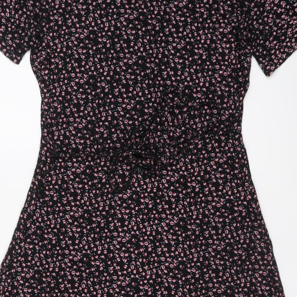 Cameo Rose Womens Black Floral Viscose Mini Size 8 V-Neck Button