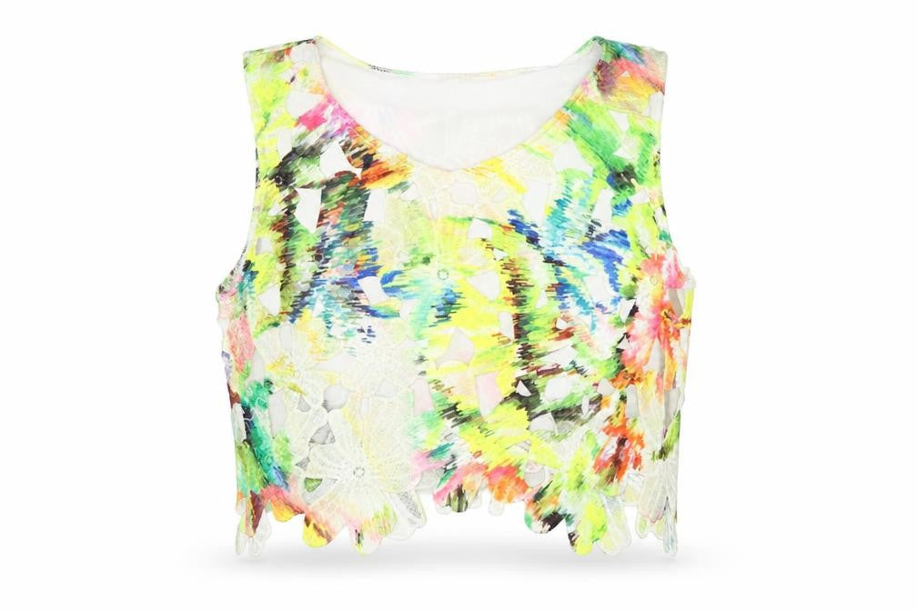Front view of OPUS London women’s multicoloured floral polyester cropped tank, size UK 12, round neck
