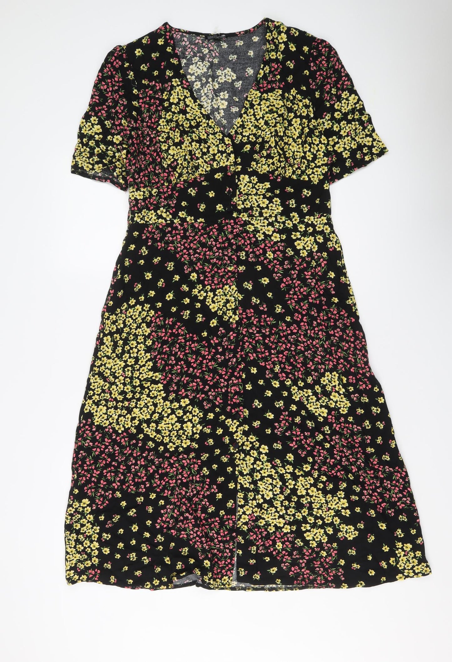 Nobody's Child Womens Black Floral Viscose A-Line Size 14 V-Neck Button