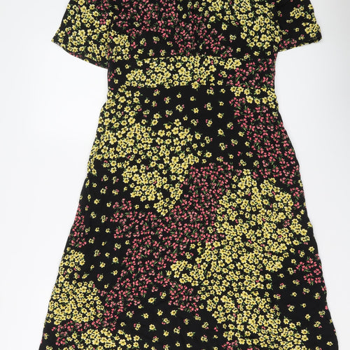 Nobody's Child Womens Black Floral Viscose A-Line Size 14 V-Neck Button