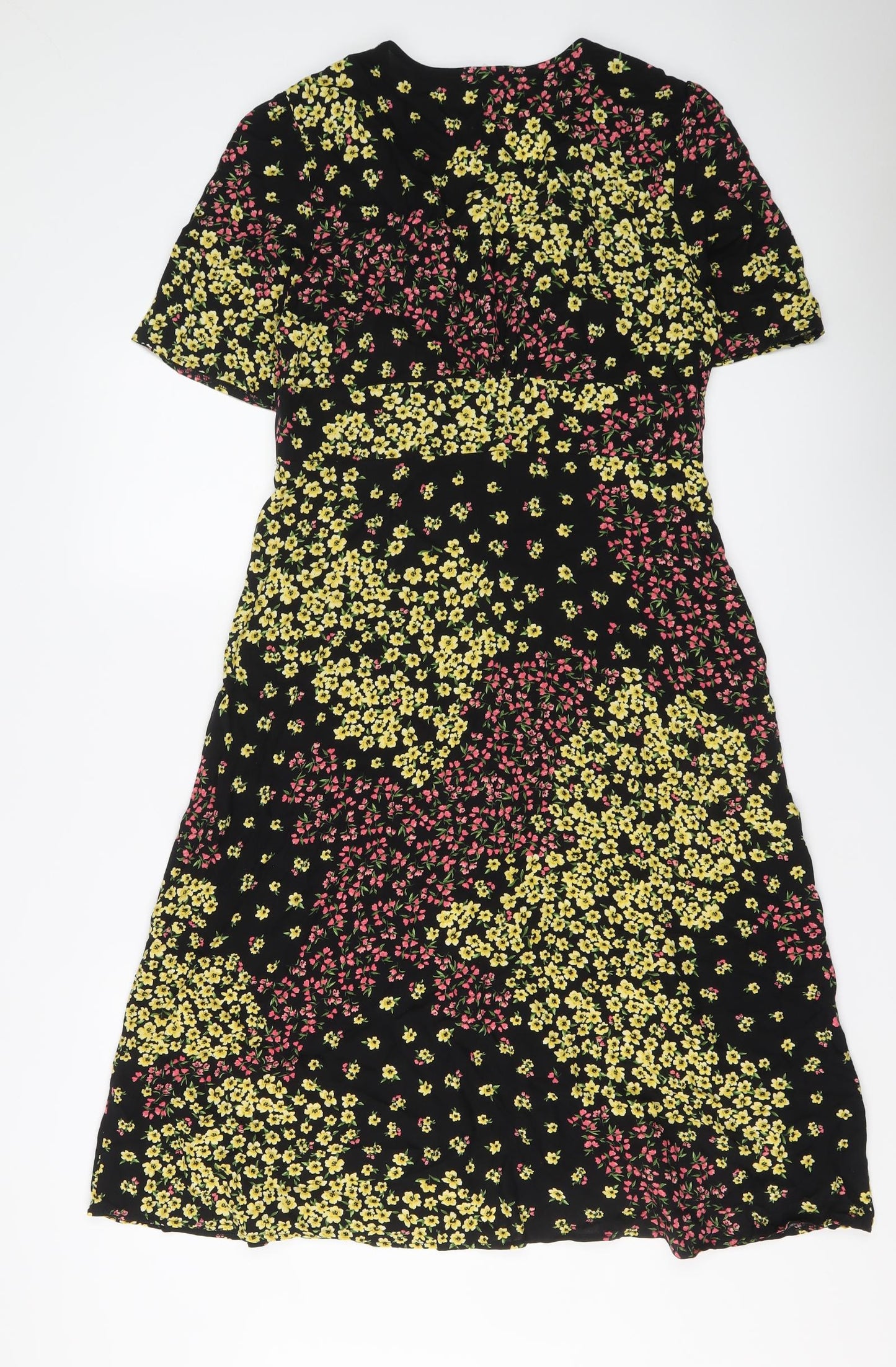 Nobody's Child Womens Black Floral Viscose A-Line Size 14 V-Neck Button