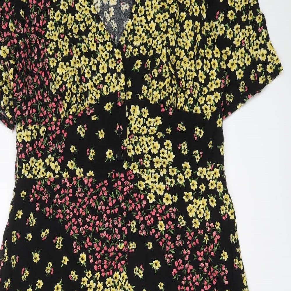 Nobody's Child Womens Black Floral Viscose A-Line Size 14 V-Neck Button