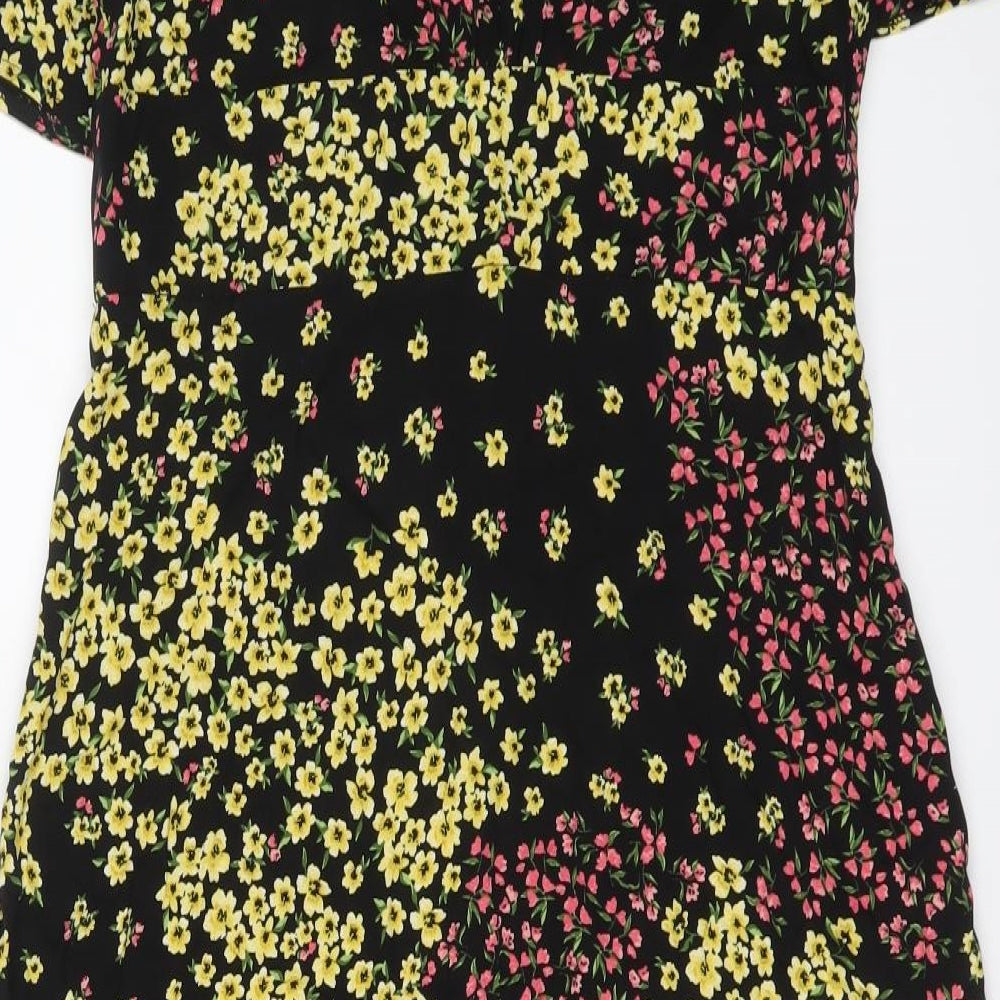 Nobody's Child Womens Black Floral Viscose A-Line Size 14 V-Neck Button
