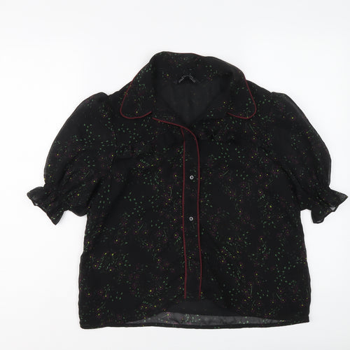 Zara Womens Black Floral Polyester Basic Button-Up Size M Collared