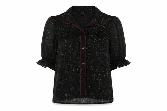 Front view of Zara women’s black floral polyester basic button-up, size M, collared