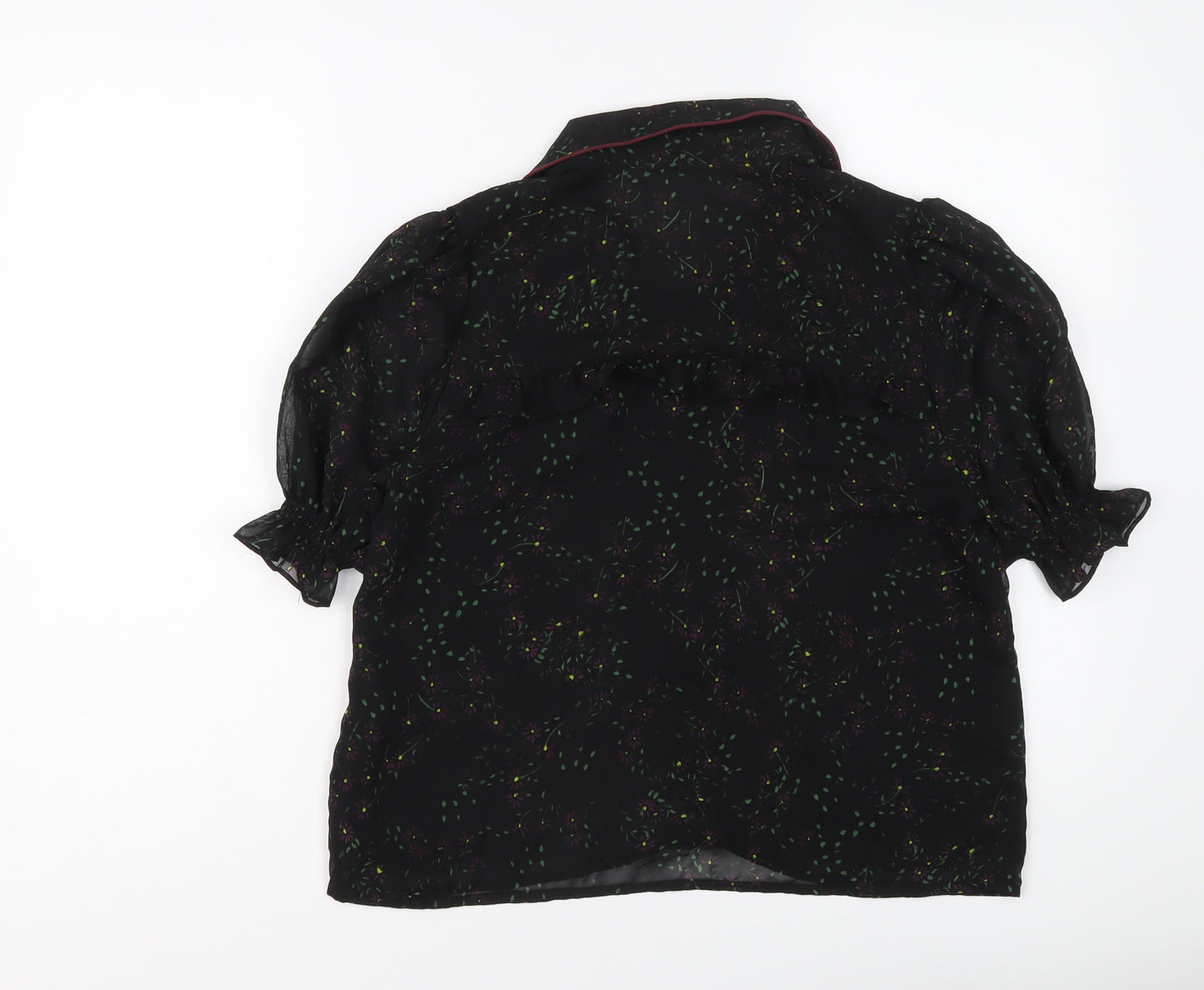 Zara Womens Black Floral Polyester Basic Button-Up Size M Collared