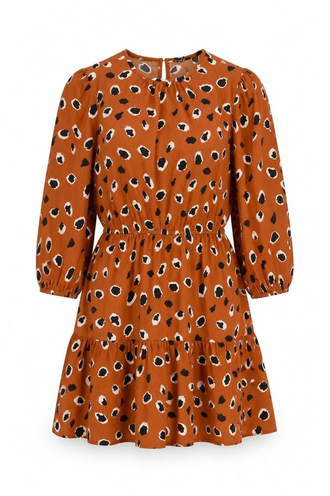 Front view of Influence women’s brown animal print polyester skater dress, size UK 12, round neck pullover - leopard pattern