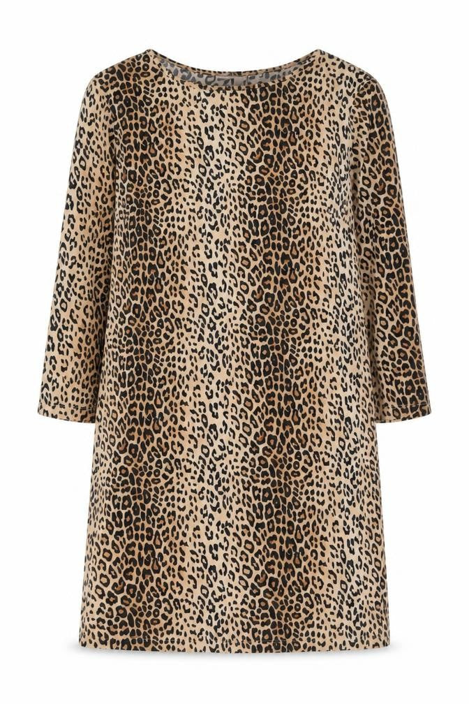 Front view of Forever 21 women’s brown animal print polyester a-line, size XL, round neck pullover - leopard pattern