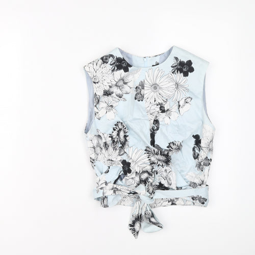Miss Selfridge Womens Blue Floral Cotton Cropped Blouse Size 8 Round Neck - Tie Front Detail