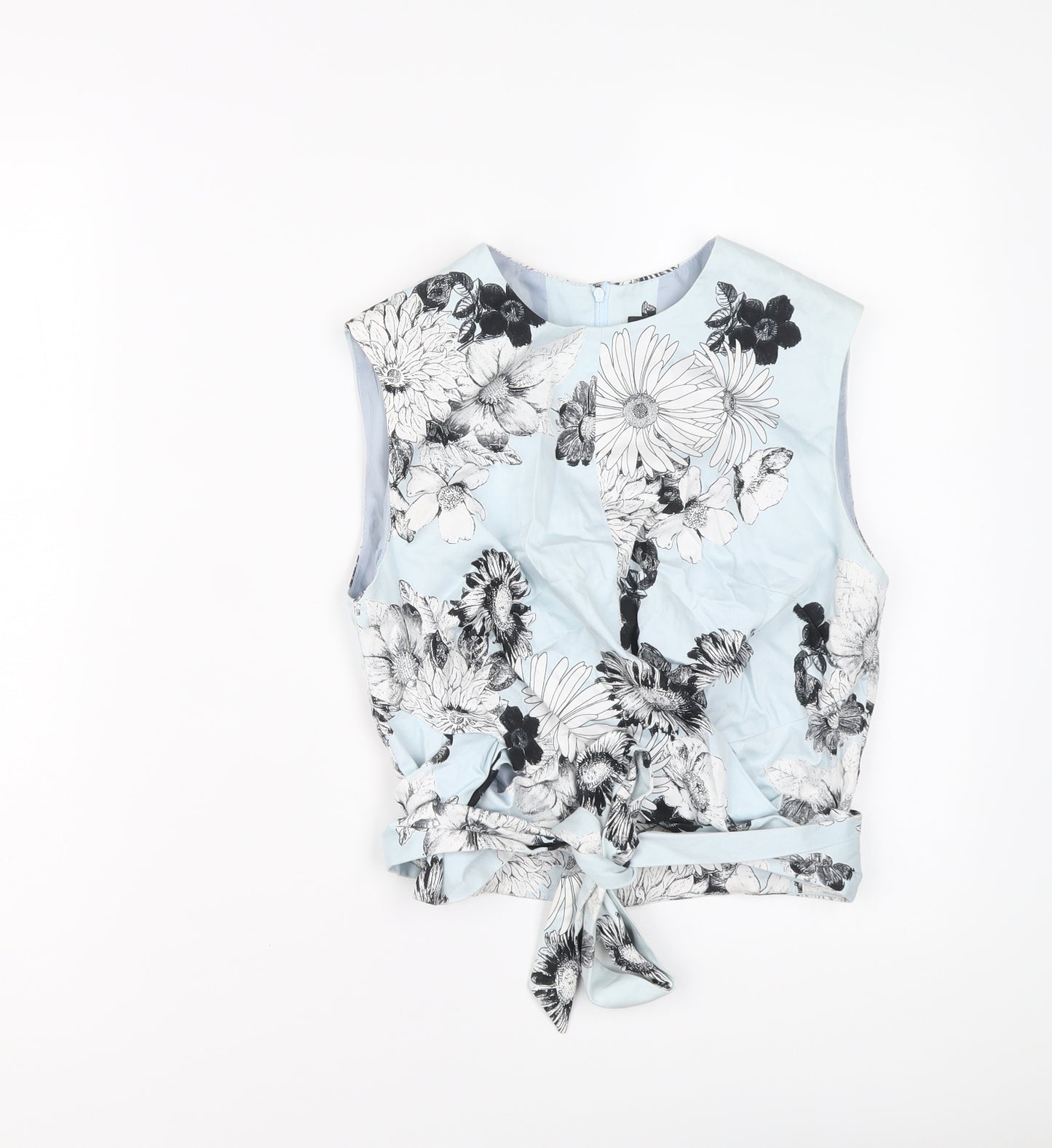 Miss Selfridge Womens Blue Floral Cotton Cropped Blouse Size 8 Round Neck - Tie Front Detail