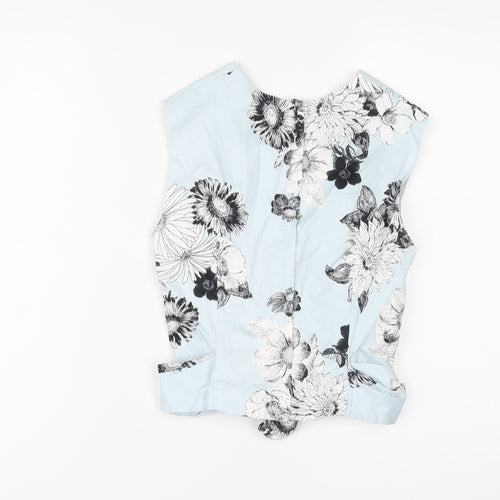 Miss Selfridge Womens Blue Floral Cotton Cropped Blouse Size 8 Round Neck - Tie Front Detail