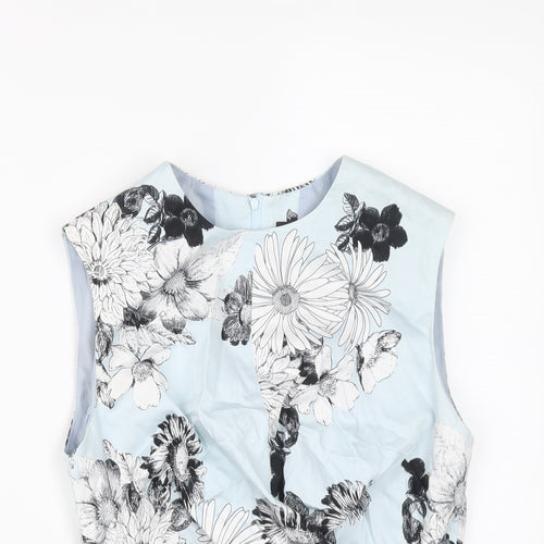 Miss Selfridge Womens Blue Floral Cotton Cropped Blouse Size 8 Round Neck - Tie Front Detail