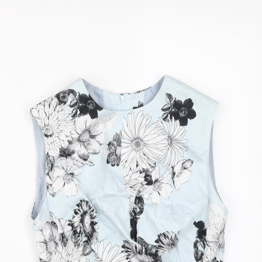 Miss Selfridge Womens Blue Floral Cotton Cropped Blouse Size 8 Round Neck - Tie Front Detail