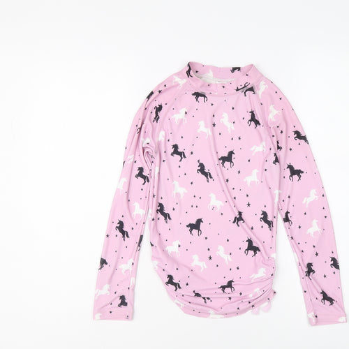 NEXT Girls Pink Floral Polyester Basic T-Shirt Size 9 Years Mock Neck Pullover - Unicorn Pattern