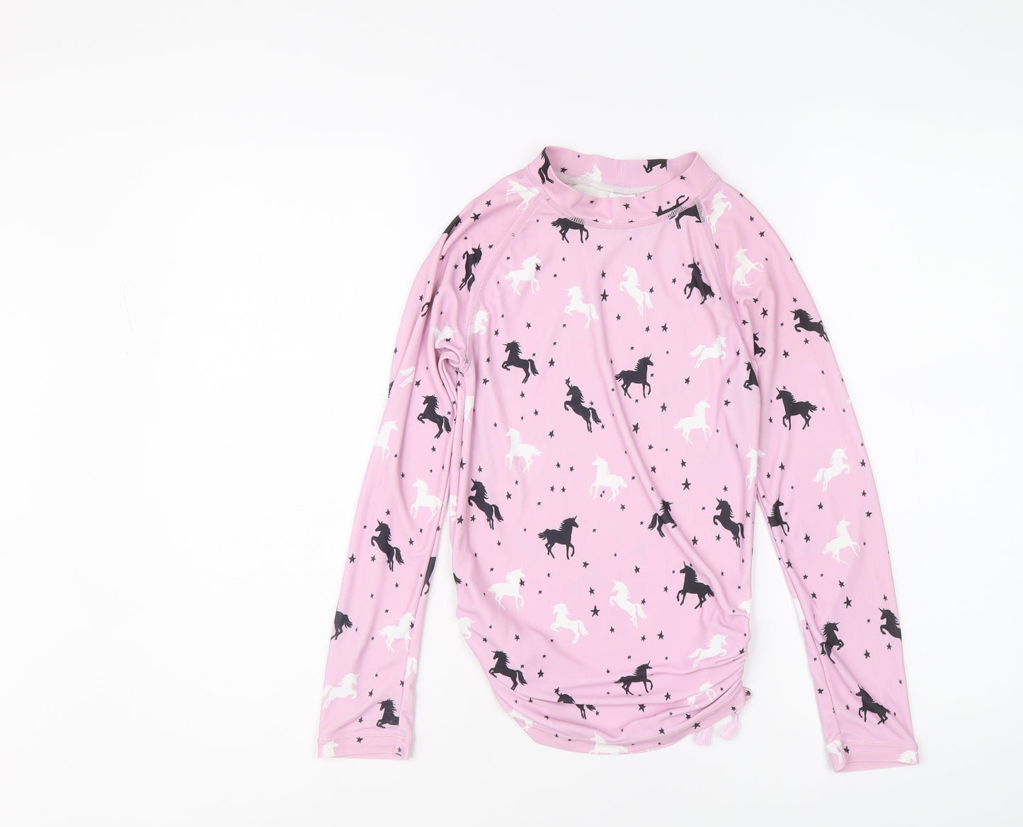 NEXT Girls Pink Floral Polyester Basic T-Shirt Size 9 Years Mock Neck Pullover - Unicorn Pattern