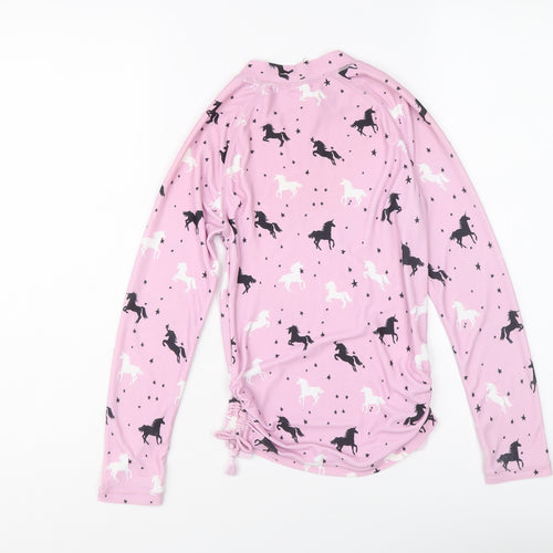 NEXT Girls Pink Floral Polyester Basic T-Shirt Size 9 Years Mock Neck Pullover - Unicorn Pattern