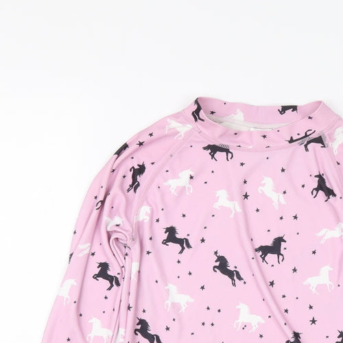 NEXT Girls Pink Floral Polyester Basic T-Shirt Size 9 Years Mock Neck Pullover - Unicorn Pattern