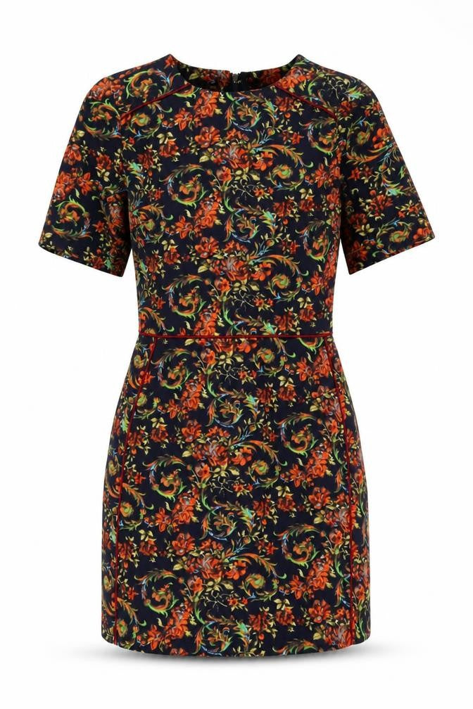 Front view of Missguided women’s multicoloured geometric polyester a-line, size UK 6, round neck zip