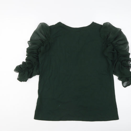 NEXT Womens Green Cotton Basic T-Shirt Size 12 Crew Neck - Sheer Ruched Sleeves