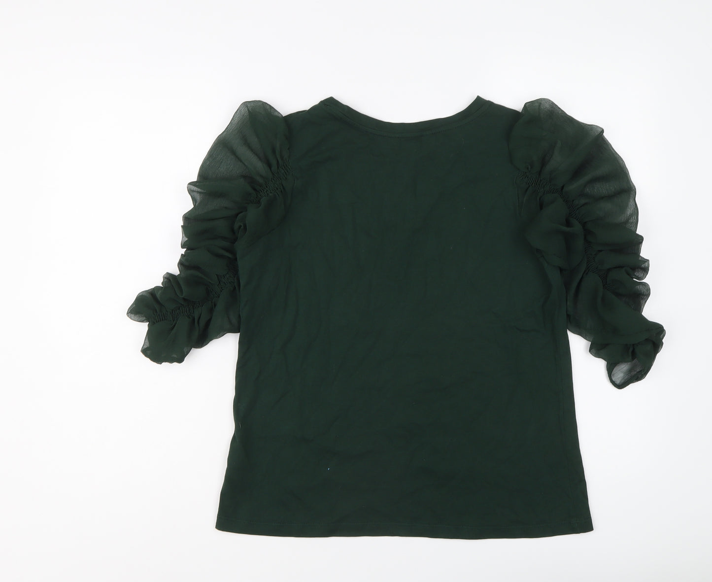 NEXT Womens Green Cotton Basic T-Shirt Size 12 Crew Neck - Sheer Ruched Sleeves