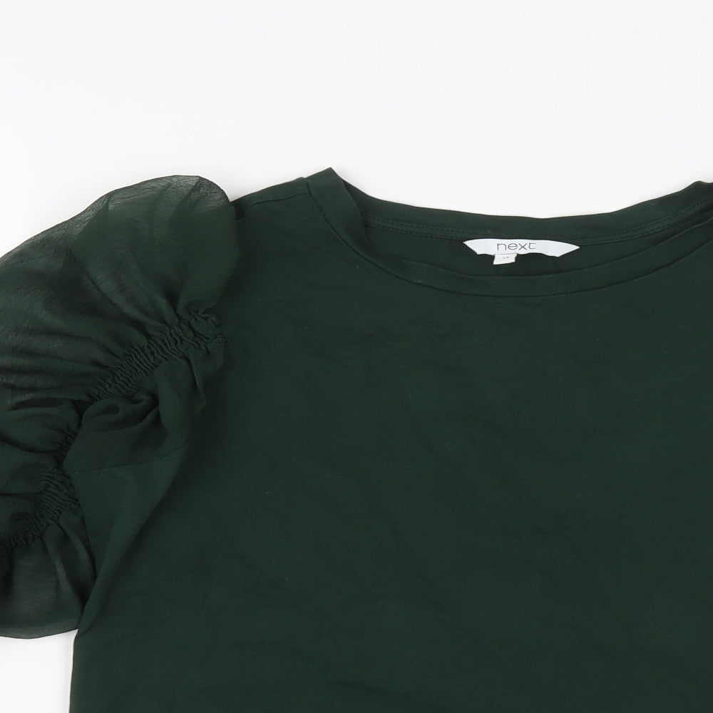 NEXT Womens Green Cotton Basic T-Shirt Size 12 Crew Neck - Sheer Ruched Sleeves