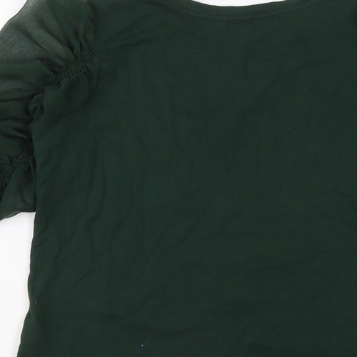 NEXT Womens Green Cotton Basic T-Shirt Size 12 Crew Neck - Sheer Ruched Sleeves