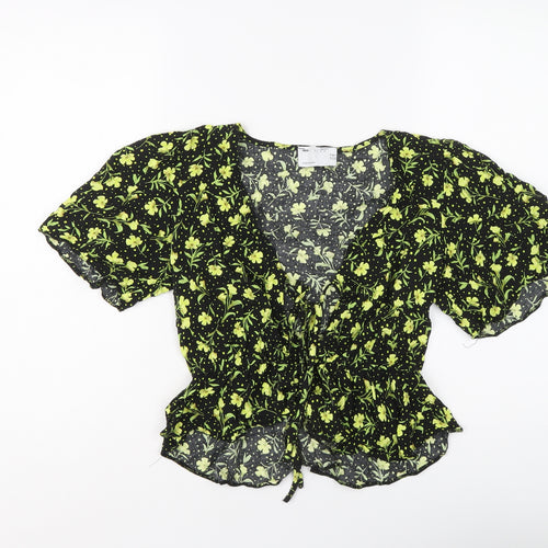 ASOS Womens Black Floral Viscose Cropped Blouse Size 10 V-Neck