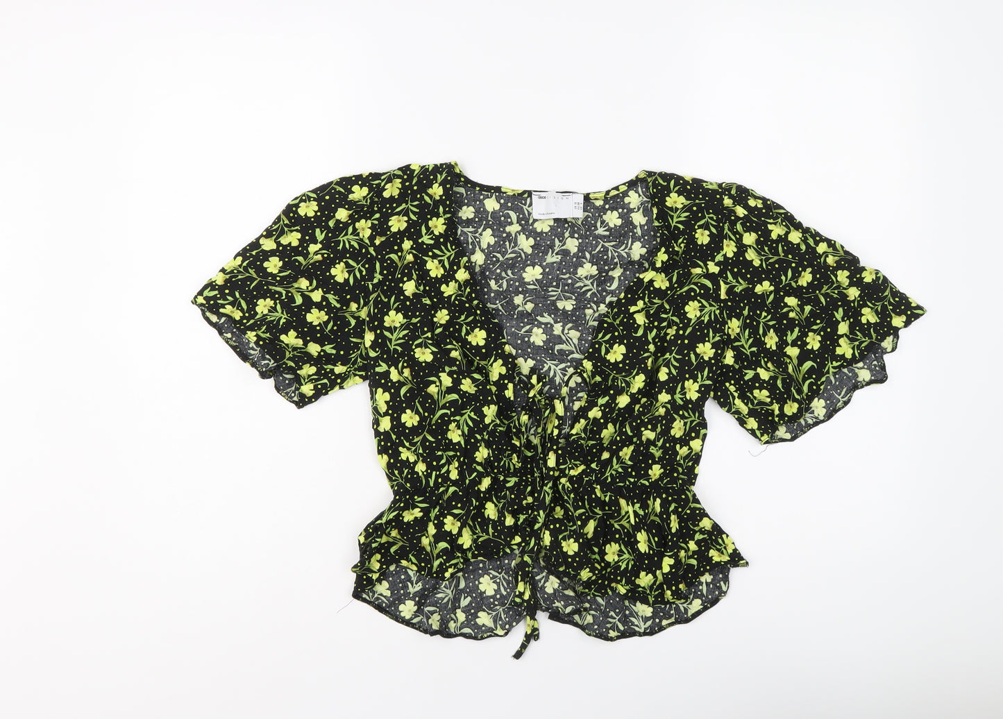 ASOS Womens Black Floral Viscose Cropped Blouse Size 10 V-Neck
