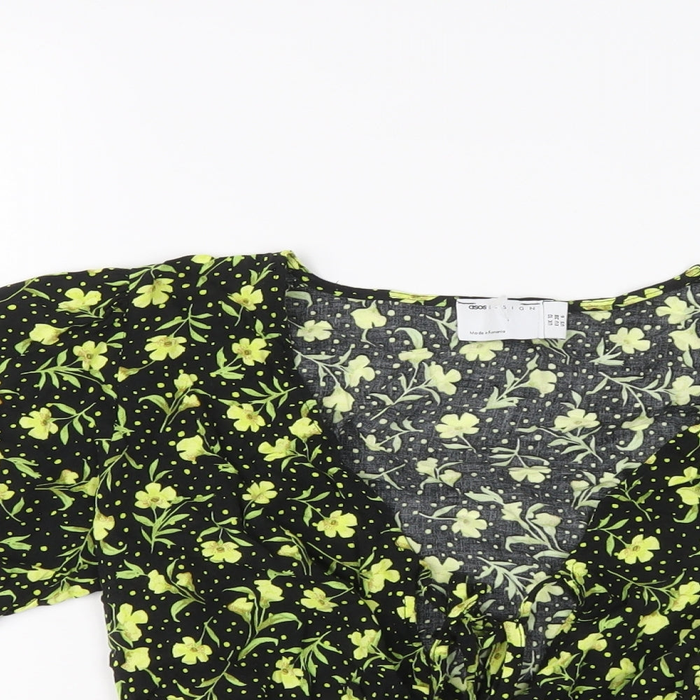 ASOS Womens Black Floral Viscose Cropped Blouse Size 10 V-Neck