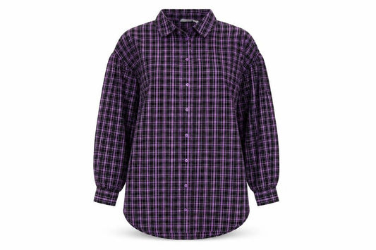 Front view of Noisy May women’s purple plaid cotton basic button-up, size S, collared