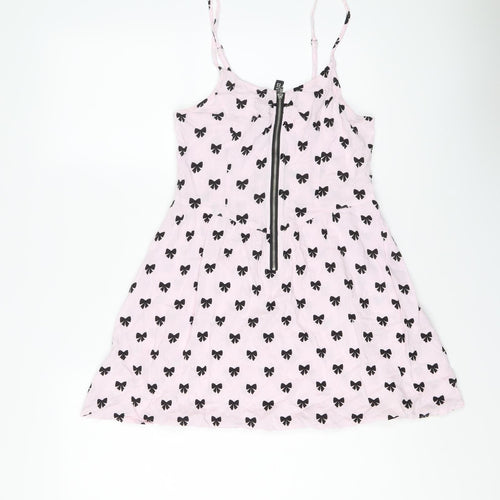 H&M Womens Pink Geometric Viscose Slip Dress Size 10 Round Neck Zip - Bow pattern