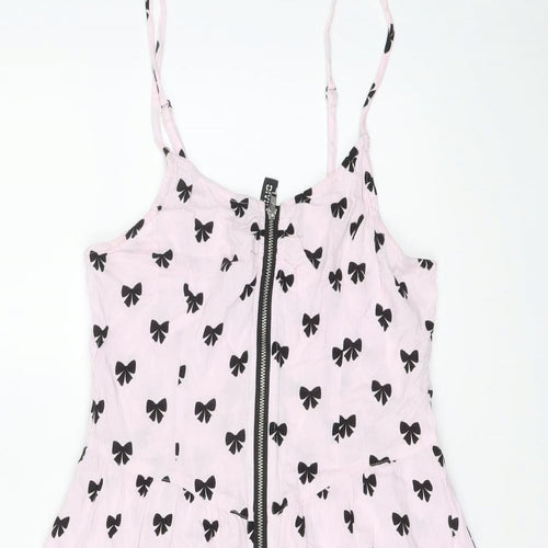 H&M Womens Pink Geometric Viscose Slip Dress Size 10 Round Neck Zip - Bow pattern