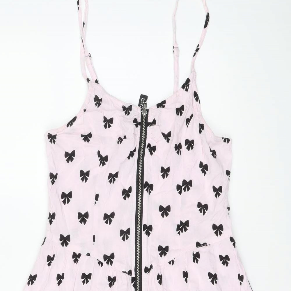 H&M Womens Pink Geometric Viscose Slip Dress Size 10 Round Neck Zip - Bow pattern