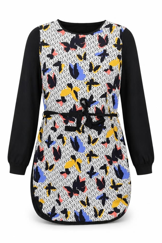 Front view of Oasis women’s blue geometric cotton mini, size S, round neck pullover - butterfly print