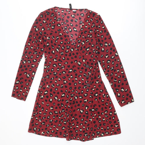 Divided by H&M Womens Red Animal Print Polyester Wrap Dress Size 8 V-Neck Button