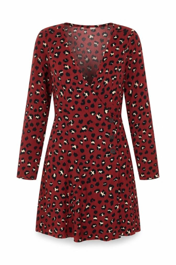 Divided by H&M Womens Red Animal Print Polyester Wrap Dress Size 8 V-Neck Button