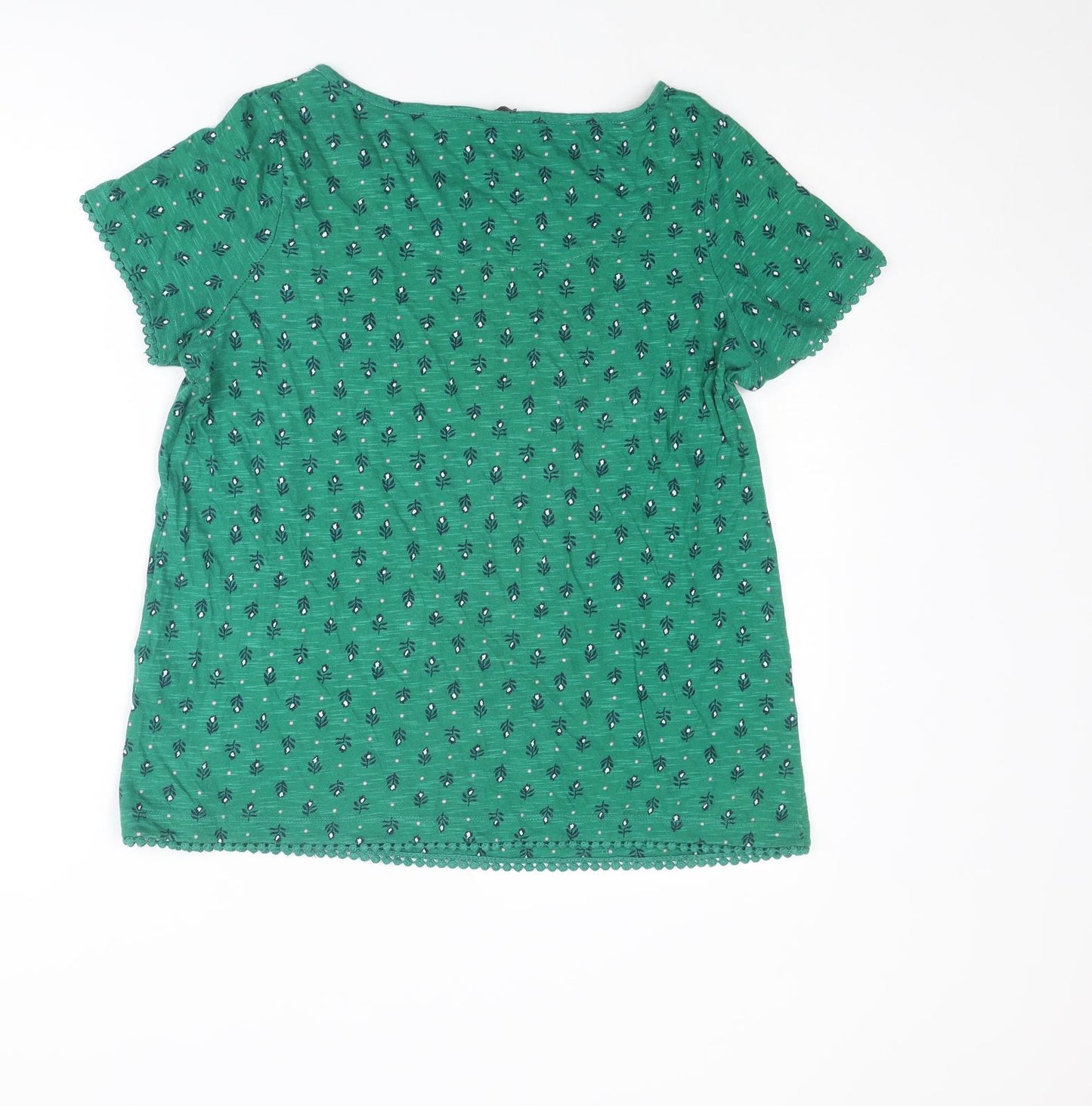 Marks and Spencer Womens Green Geometric Cotton Basic T-Shirt Size 12 Round Neck