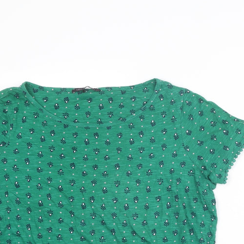 Marks and Spencer Womens Green Geometric Cotton Basic T-Shirt Size 12 Round Neck