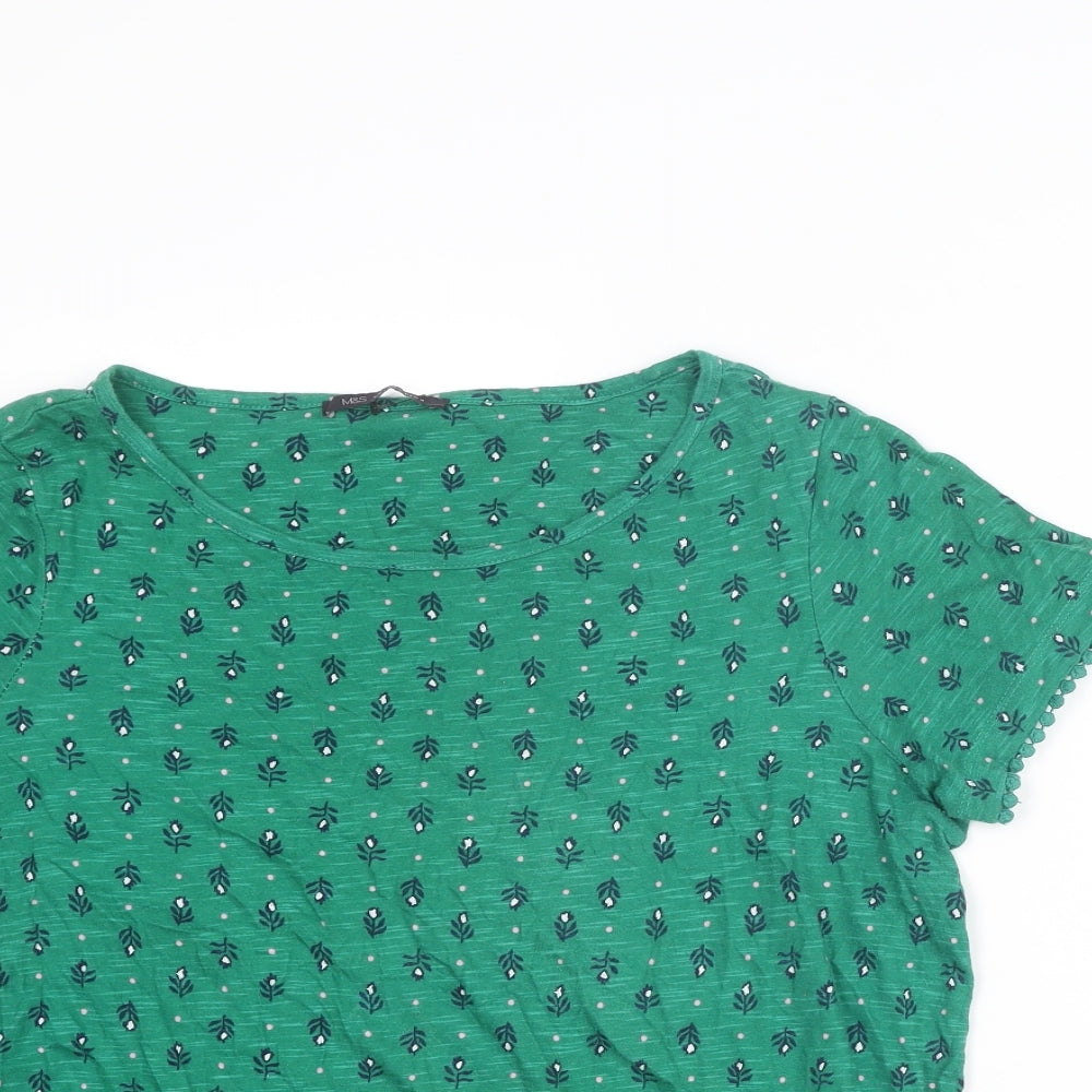 Marks and Spencer Womens Green Geometric Cotton Basic T-Shirt Size 12 Round Neck