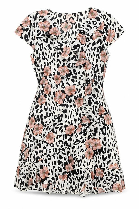Front view of Quiz women’s multicoloured animal print polyester fit & flare, size UK 10, v-neck pullover - floral