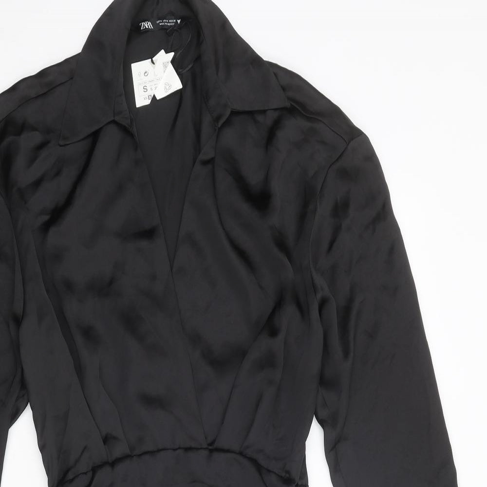 Zara Womens Black Polyester Shirt Dress Size S Collared Zip